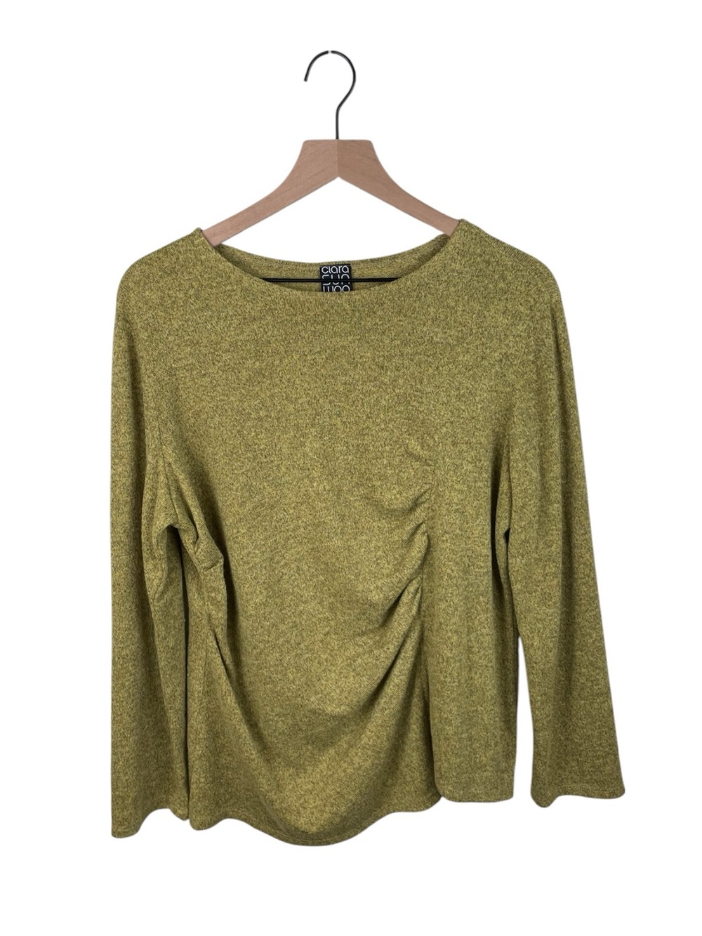Clara Sun Woo Yellow Green Knit Ruched Top Size 1X Long Sleeve USA Made Colorful